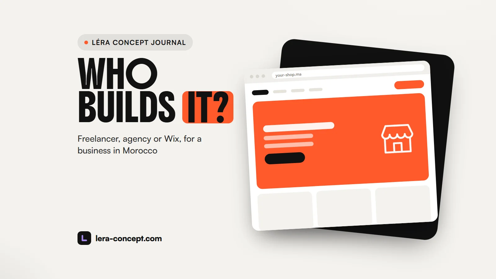 Illustration: a browser window showing a local business website, with the question “Who builds your site?”