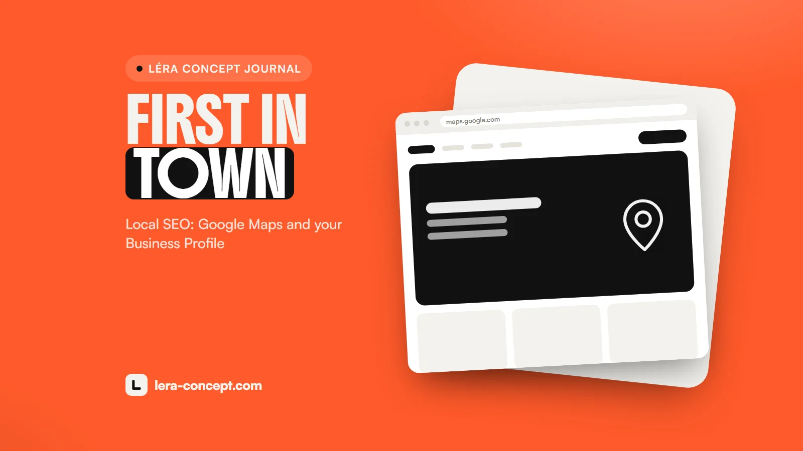 Illustration: a Google Maps mockup with a location pin, on a terracotta background, for local SEO in Morocco