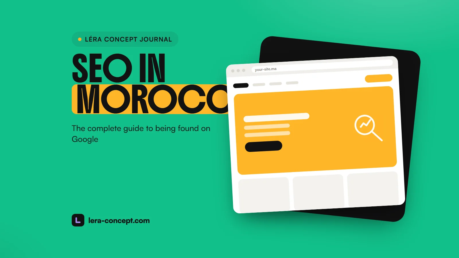 Illustration: a website mockup with a magnifying glass, on a green zellige background, for SEO in Morocco