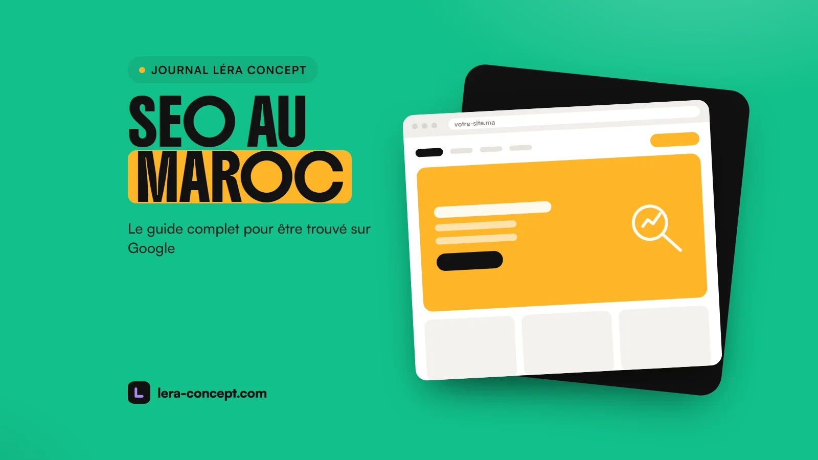 Illustration : la maquette d’un site avec une loupe, sur fond vert zellige, pour le référencement naturel au Maroc