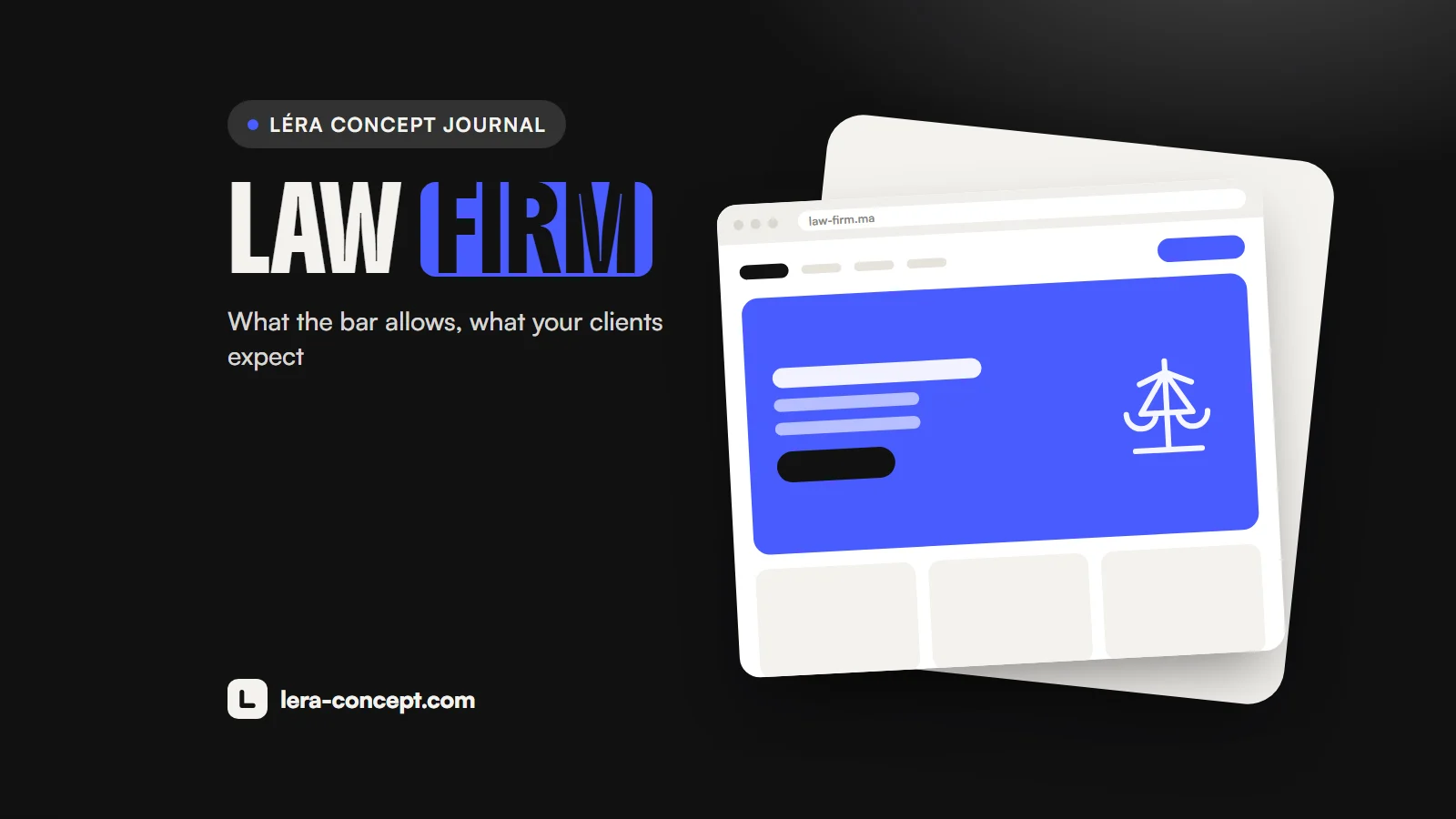 Illustration: the mockup of a law firm website, with a set of scales, on a black and blue background