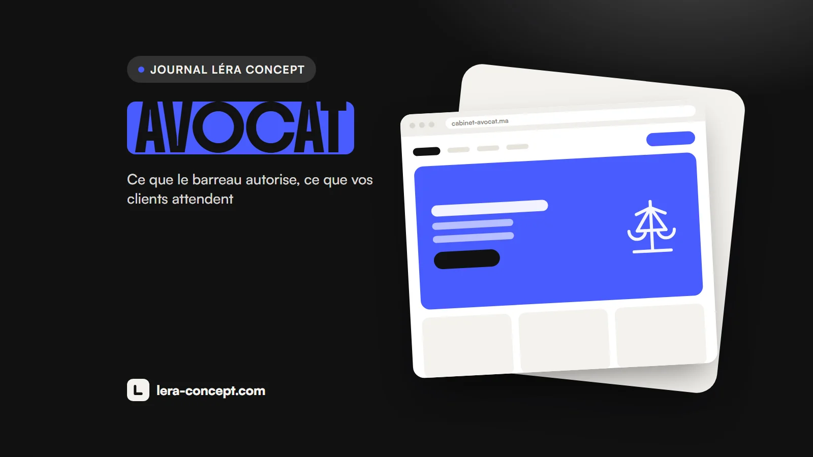 Illustration : la maquette du site d’un cabinet d’avocat, avec une balance, sur fond noir et bleu