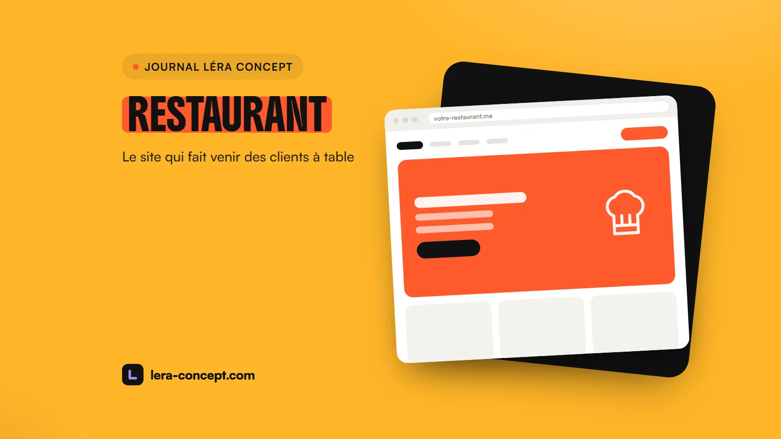 Illustration : la maquette du site d’un restaurant, avec une toque de cuisinier, sur fond safran