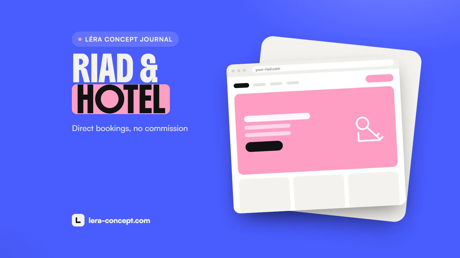 Illustration: the website mockup of a riad, with a key, on a Majorelle blue background