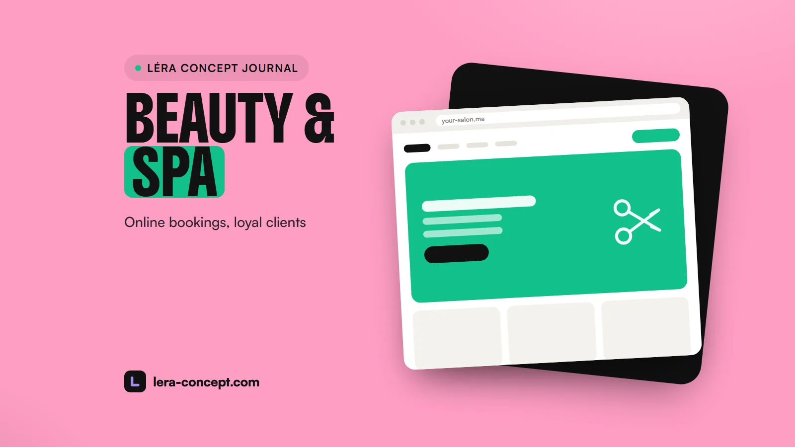 Illustration: the mockup of a beauty salon website, with scissors, on a pink background