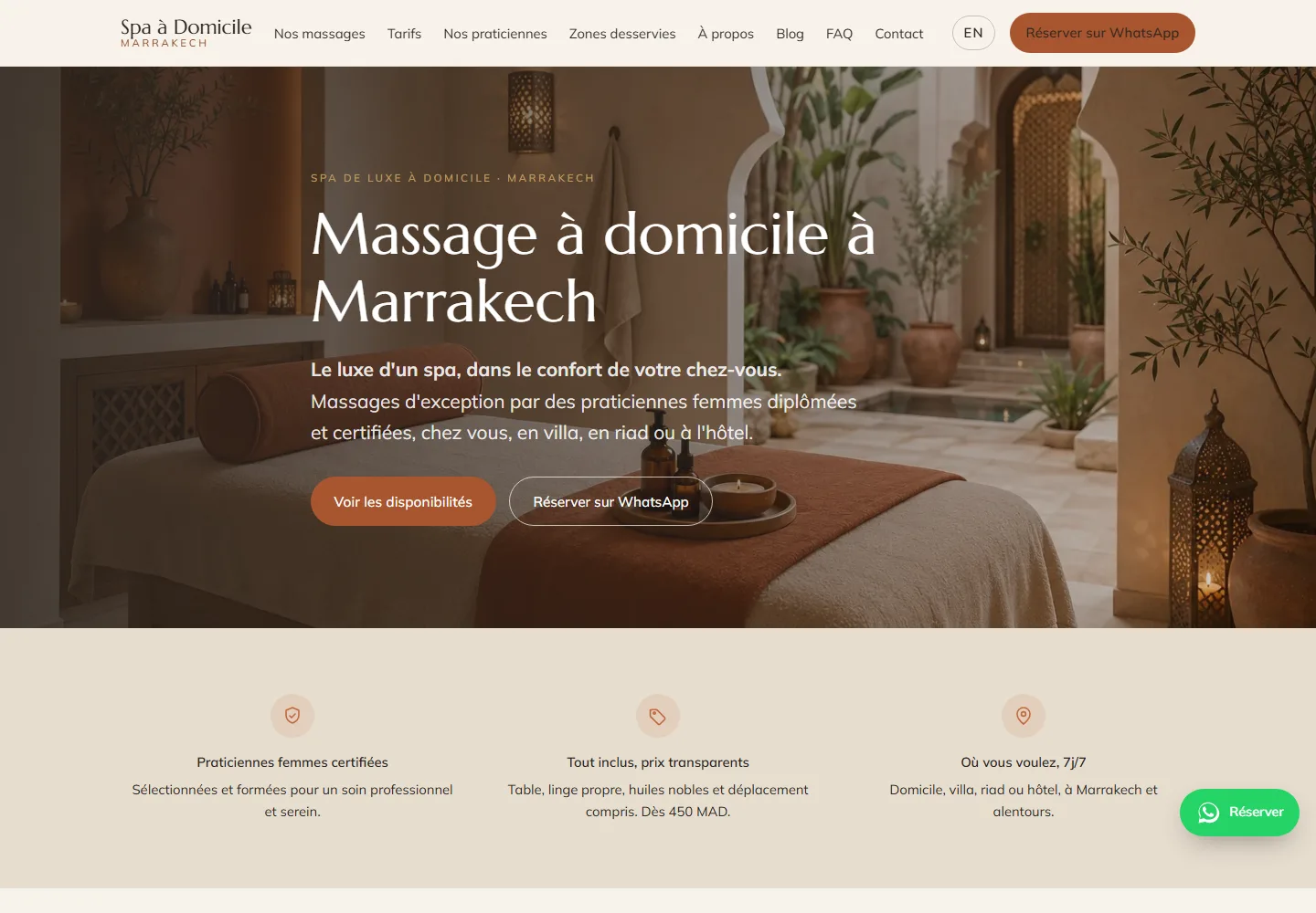 Home page of the Spa à Domicile Marrakech website